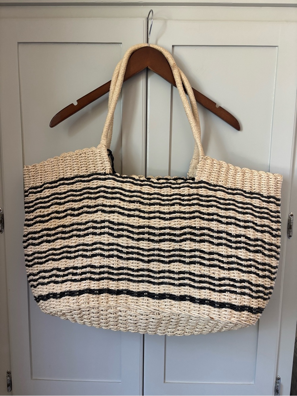 Woven Straw Tote Bag with Black Stripe Detail - Picture 3 of 5